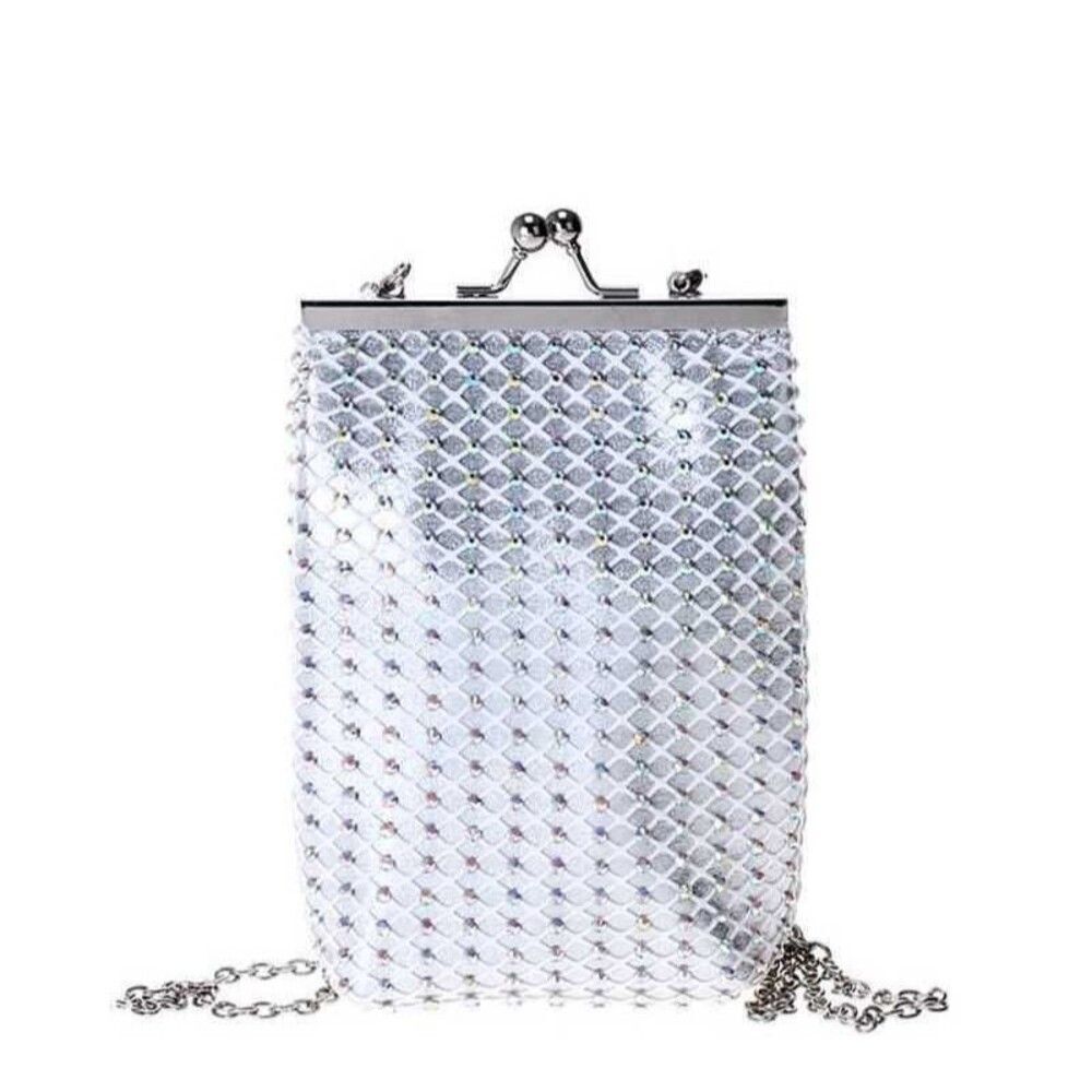 Women Kiss Lock Framed Silver Rhinestone Textured Design Crossbody Handbag